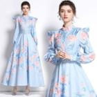 Long-sleeve Floral Print Maxi Shirt Dress