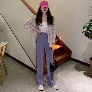 Set: Long Sleeve Plaid Shirt + Wide-leg Pants