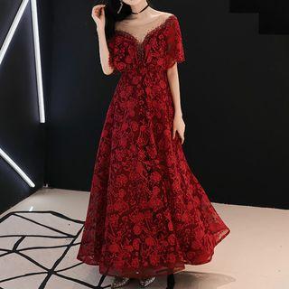 Short-sleeve Embroidered A-line Evening Gown