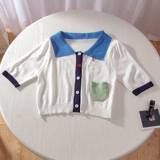 Elbow-sleeve Collared Button-up Knit Top Black & Blue & Green - One Size