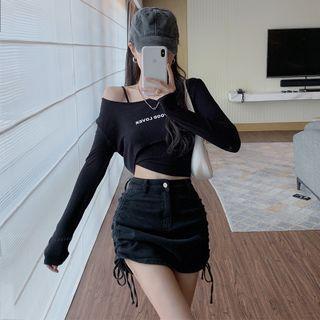 Cold-shoulder Cropped T-shirt / Drawstring Denim Mini Pencil Skirt