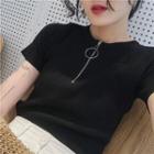 Ring-accent Zip Slim-fit Short-sleeve Knit Top