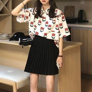 Pattern Printed Short-sleeve Blouse As Shown In Figure - One Size