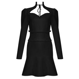 Long-sleeve Tie-neck Frill Trim Mini Mermaid Dress