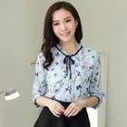 Long Sleeve Tie-neck Floral Chiffon Blouse