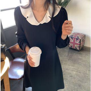 Long-sleeve Collared Mini A-line Dress Black - One Size