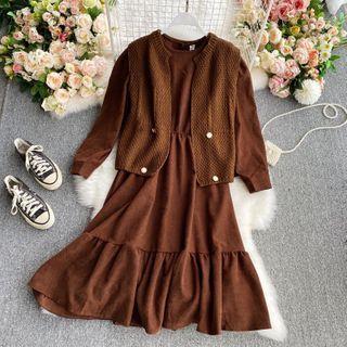 Set:round-neck Ruffle Plain Long-sleeve Dress+plain Vest