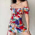 Square-neck Lace-up Puff-sleeve Print Dress