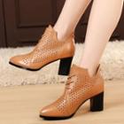 Genuine-leather Cutout Chunky-heel Lace-up Shoe Boots