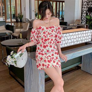 Short-sleeve Off-shoulder Floral Print Mini Sheath Dress