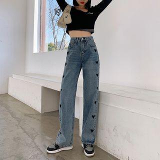 Heart Embroidered High-waist Straight Leg Jeans