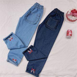 Bow Embroidered Straight Leg Jeans