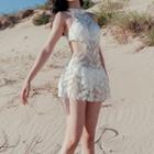 Halter-neck Feather Print Swimdress