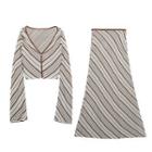 Striped Knit Crop Top / Midi A-line Skirt / Set