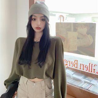 Chain-neckline Bubble-sleeve Cropped Sweatshirt