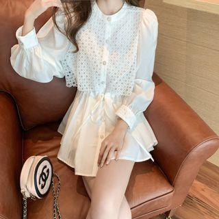 Set: Puff-sleeve Paneled Blouse + Shorts