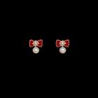 Bow Faux Pearl Earring 1 Pair - 925 Silver - Earrings - White & Red - One Size