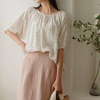 Dolman-sleeve Cotton Floral Top