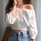 Elbow-sleeve Tie-neck Cropped Blouse