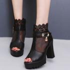 Lace Trim Peep-toe Chunky-heel Platform Ankle Boots