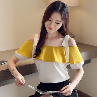Short-sleeve Cold Shoulder Ruffled Color Block Chiffon Top