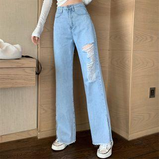 Ripped Straight-cut High-waist Pants