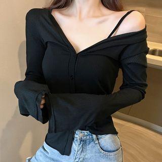 Bell-sleeve V-neck Cardigan Black - One Size