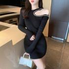 Asymmetrical Faux Pearl Cold-shoulder Knit Dress