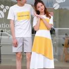 Women Short-sleeve Two-tone A-line Dress / Men Set: Lettering T-shirt + Shorts