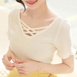 Cross-strap Scallop-edge Rib-knit Top