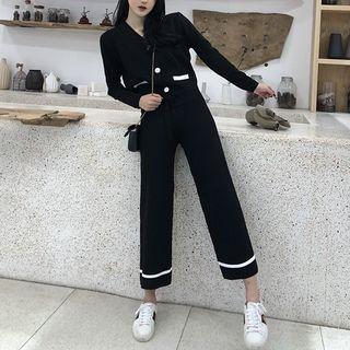 Set: V-neck Cardigan + Lace-up Wide-leg Pants Black - One Size