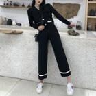 Set: V-neck Cardigan + Lace-up Wide-leg Pants Black - One Size