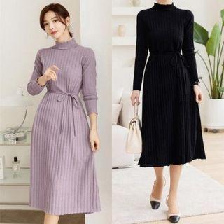 Mock-neck Ribbed Midi Knit Dress With Sash