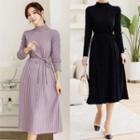 Mock-neck Ribbed Midi Knit Dress With Sash