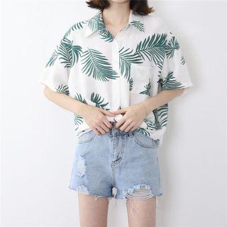 Short Sleeve Leaves Print Blouse
