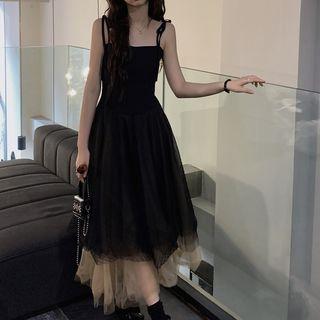 Spaghetti Strap Mesh Maxi Dress Black - One Size