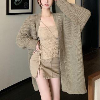Open-front Long Knit Cardigan Khaki - One Size