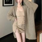 Open-front Long Knit Cardigan Khaki - One Size