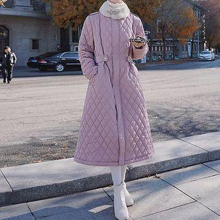 Fluffy Collar Quilted Zip-up Long Coat