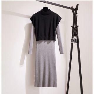 Set: Rib Knit Slit Midi Dress + Knit Vest
