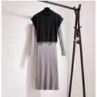 Set: Rib Knit Slit Midi Dress + Knit Vest