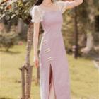 Short-sleeve Lace Panel Frog Buttoned Midi Dress