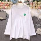 Long-sleeve Applique Distressed T-shirt White - One Size