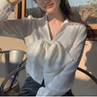 Long-sleeve Bow-front Blouse White - One Size