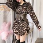 Long-sleeve Leopard Print Shirt Khaki - One Size