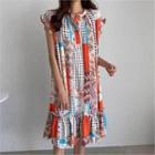 Frill-sleeve Patterned Dress