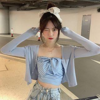 Gingham Strapless Cropped Top / Cropped Cardigan