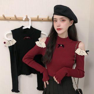 Stand Collar Bow Detail Lace Panel Long-sleeve Cutout Knitted Top