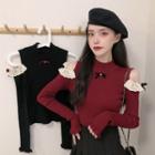 Stand Collar Bow Detail Lace Panel Long-sleeve Cutout Knitted Top