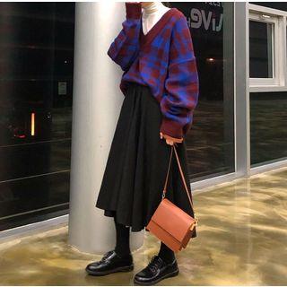 V-neck Plaid Sweater/ Turtleneck Long-sleeve Top/ Midi A-line Skirt